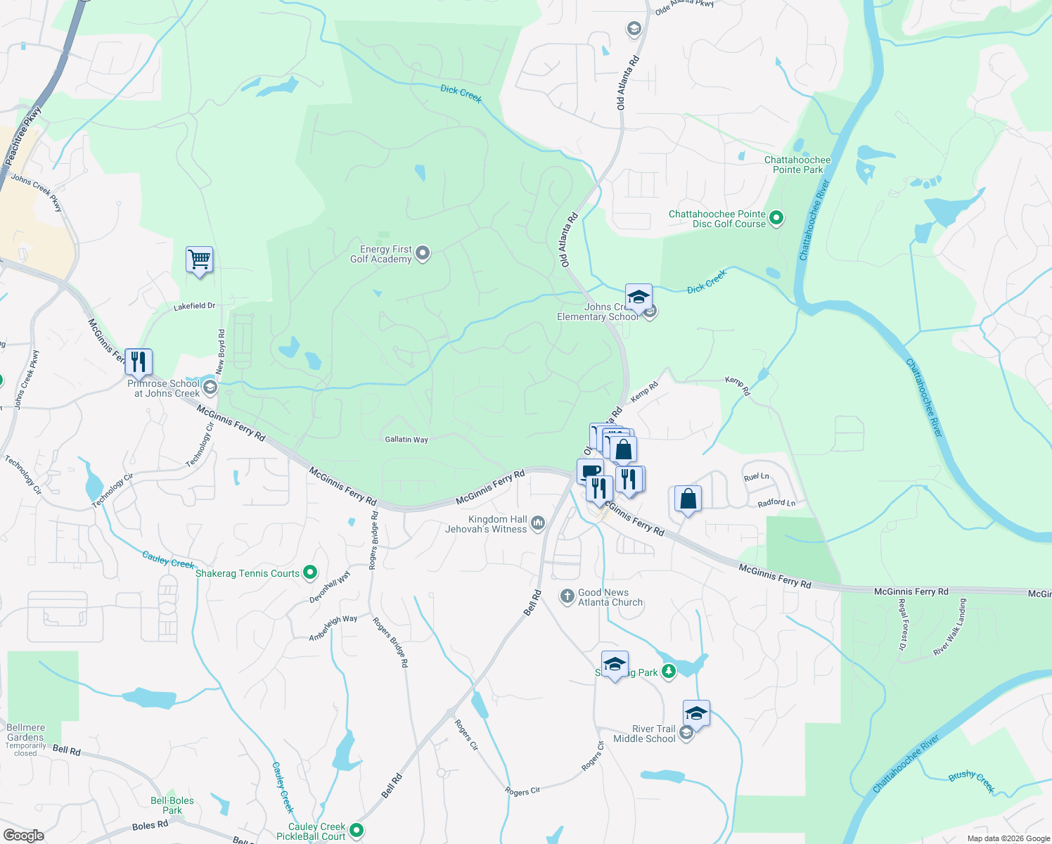 map of restaurants, bars, coffee shops, grocery stores, and more near 8790 Glasgow Pointe Drive in Duluth
