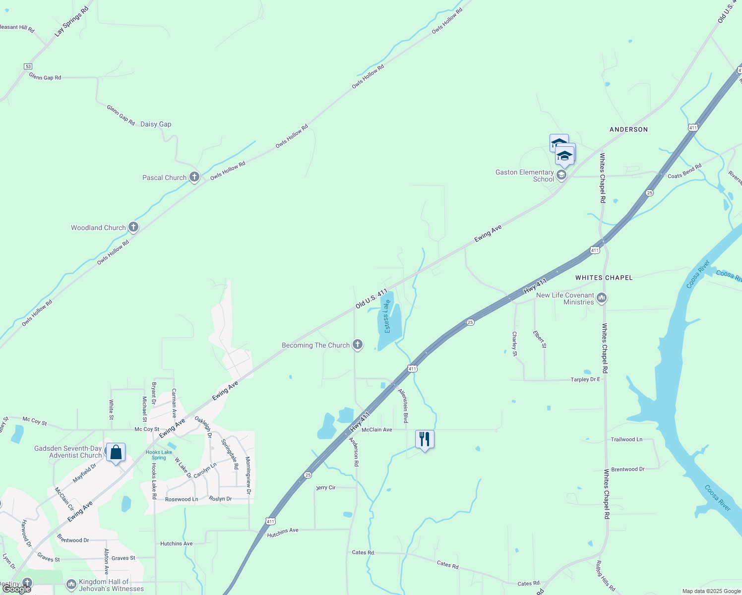 map of restaurants, bars, coffee shops, grocery stores, and more near 3376 Ewing Avenue in Gadsden