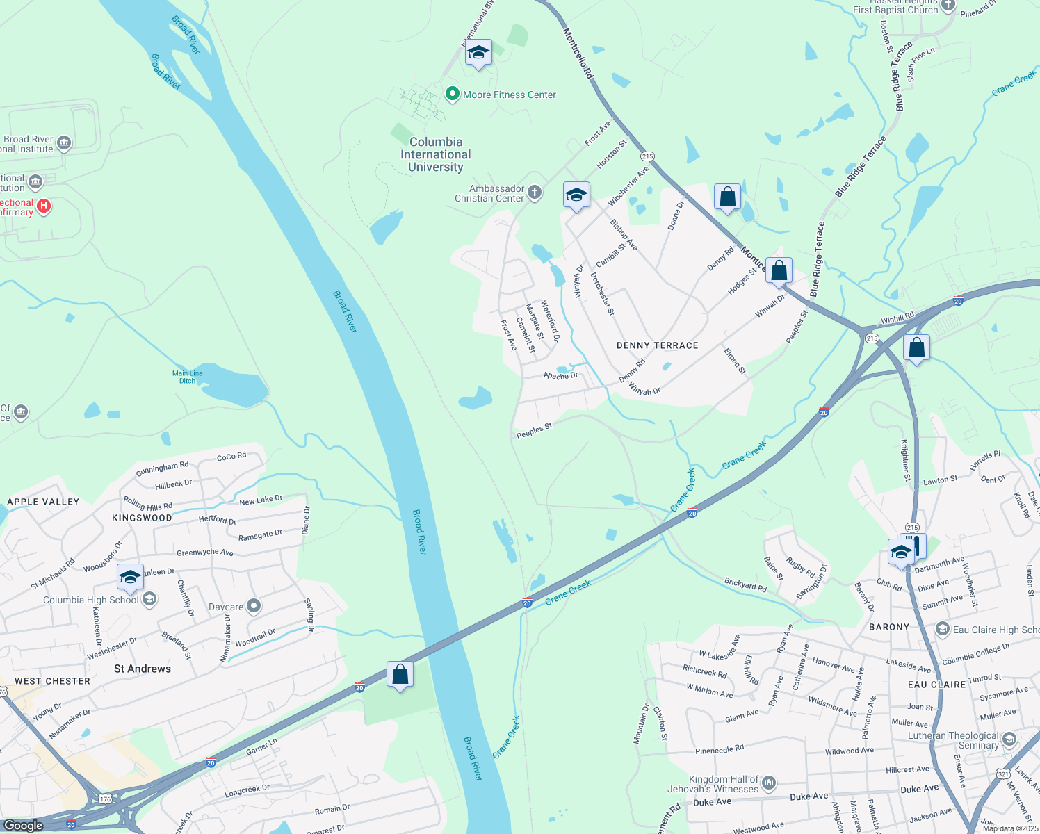 map of restaurants, bars, coffee shops, grocery stores, and more near 6414 Frost Avenue in Columbia