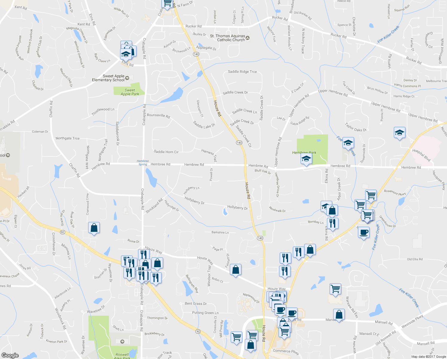 map of restaurants, bars, coffee shops, grocery stores, and more near 170 Derby Forest Court in Roswell