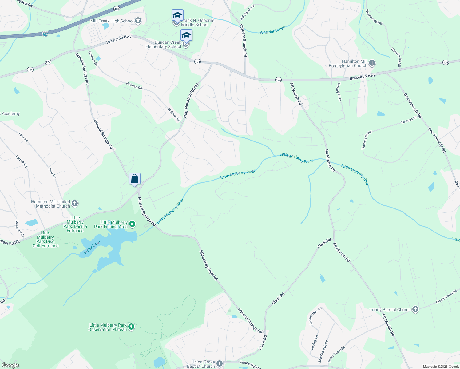map of restaurants, bars, coffee shops, grocery stores, and more near 4789 Sierra Creek Drive Northeast in Hoschton
