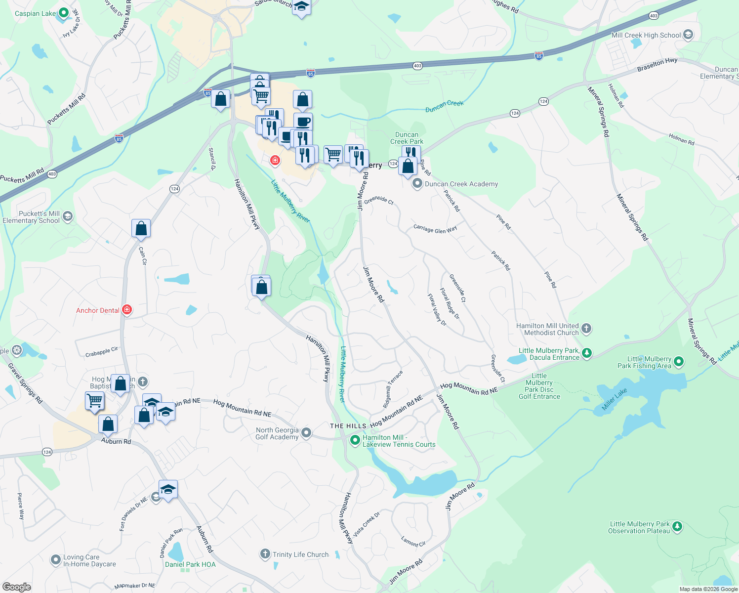 map of restaurants, bars, coffee shops, grocery stores, and more near 3363 Greens Ridge Court in Dacula