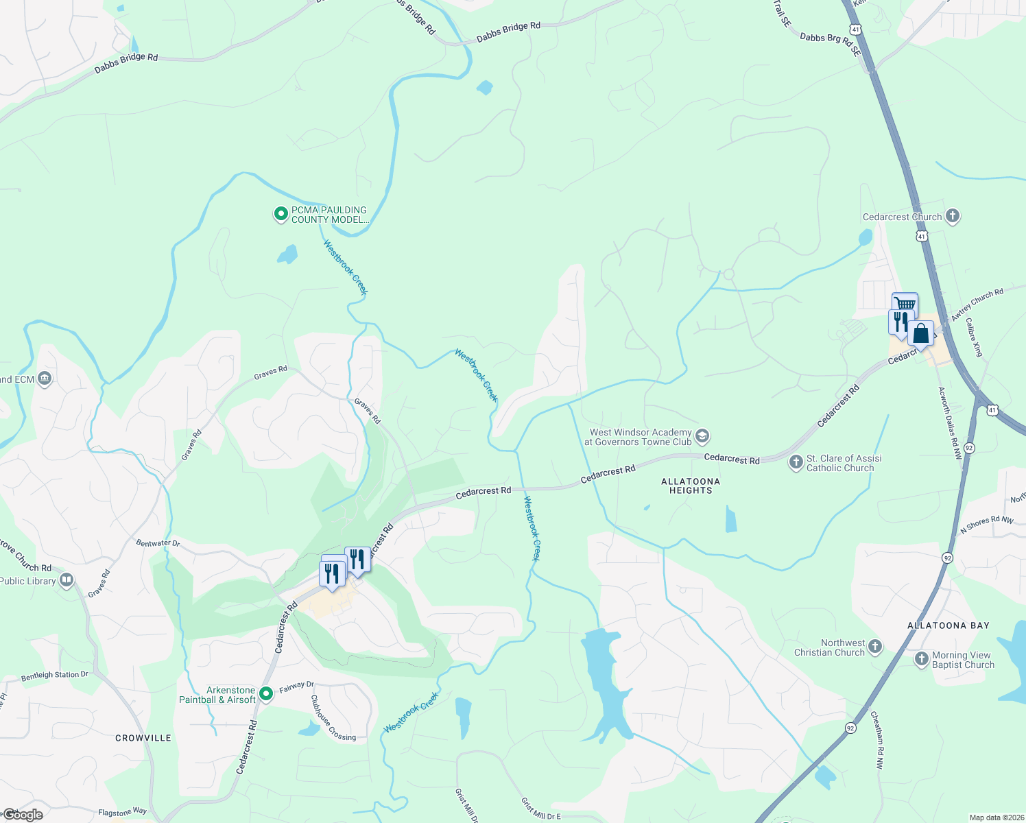 map of restaurants, bars, coffee shops, grocery stores, and more near 313 Thorncliff Landing in Acworth
