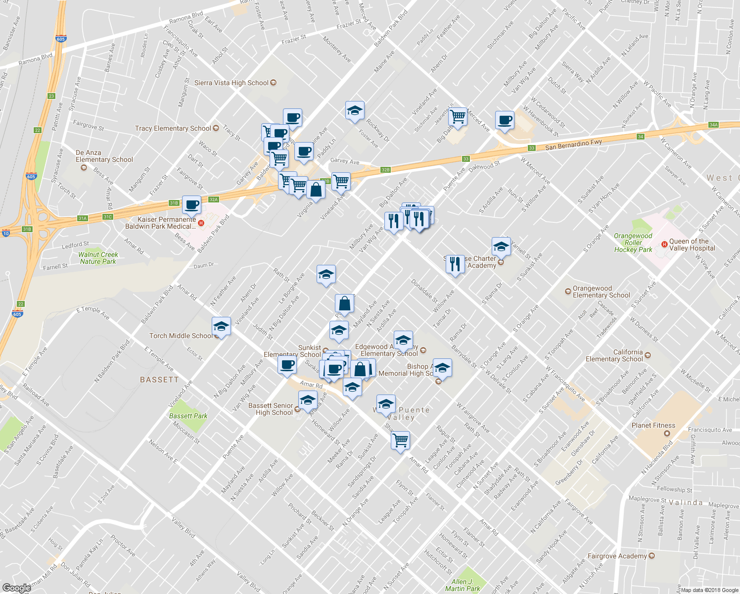 map of restaurants, bars, coffee shops, grocery stores, and more near 13926 Janetdale Street in La Puente