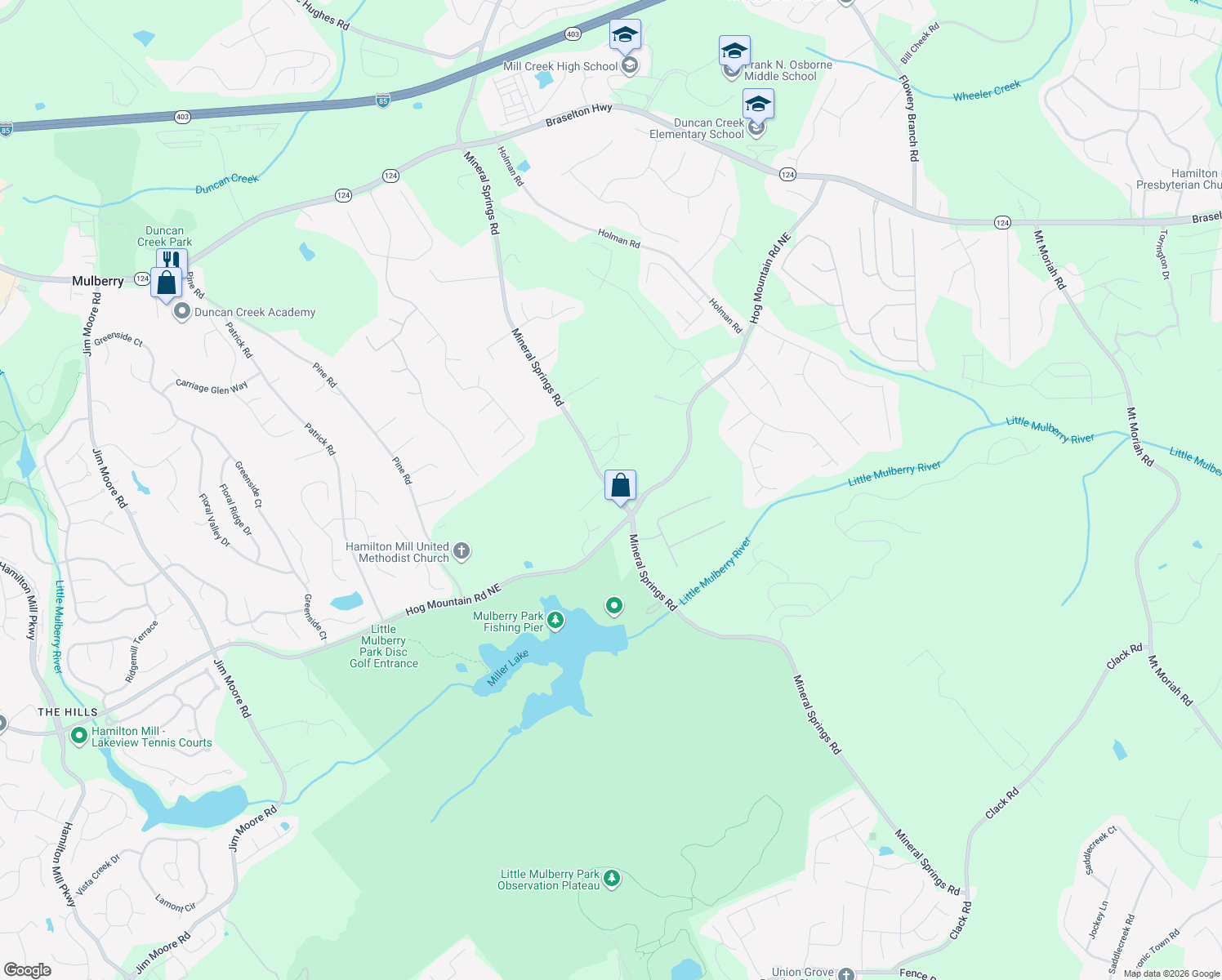 map of restaurants, bars, coffee shops, grocery stores, and more near 1534 Mineral Springs Rd in Hoschton