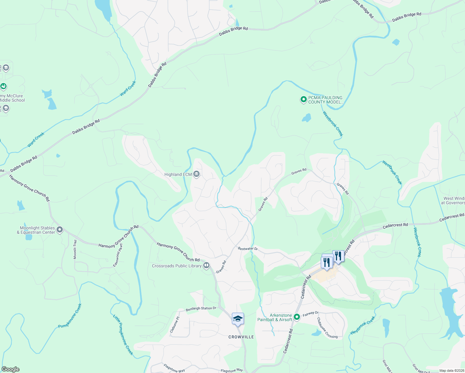 map of restaurants, bars, coffee shops, grocery stores, and more near 22 Silverdale Lane in Acworth