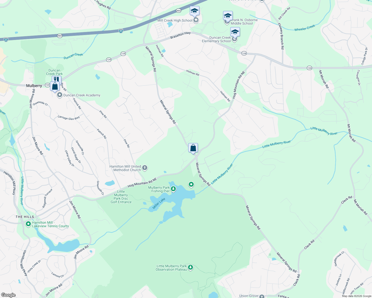 map of restaurants, bars, coffee shops, grocery stores, and more near 1550 Mineral Springs Rd in Hoschton