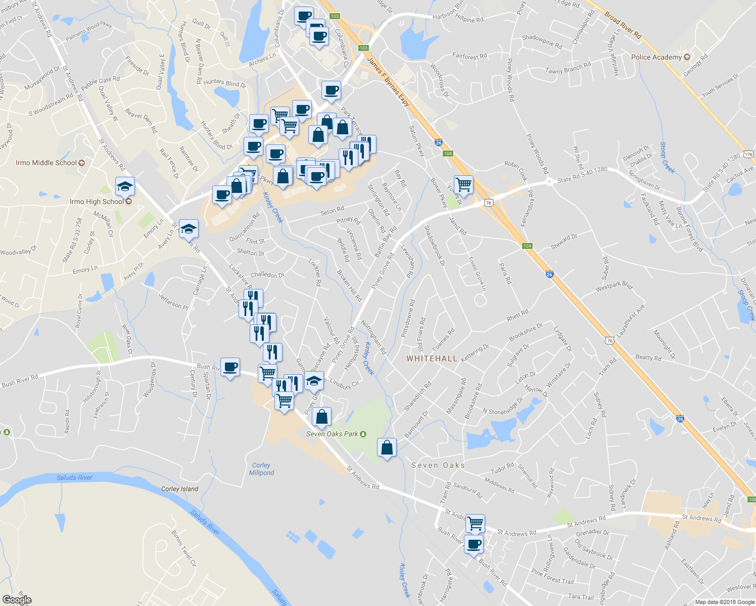 map of restaurants, bars, coffee shops, grocery stores, and more near 325 Lambeth Court in Columbia