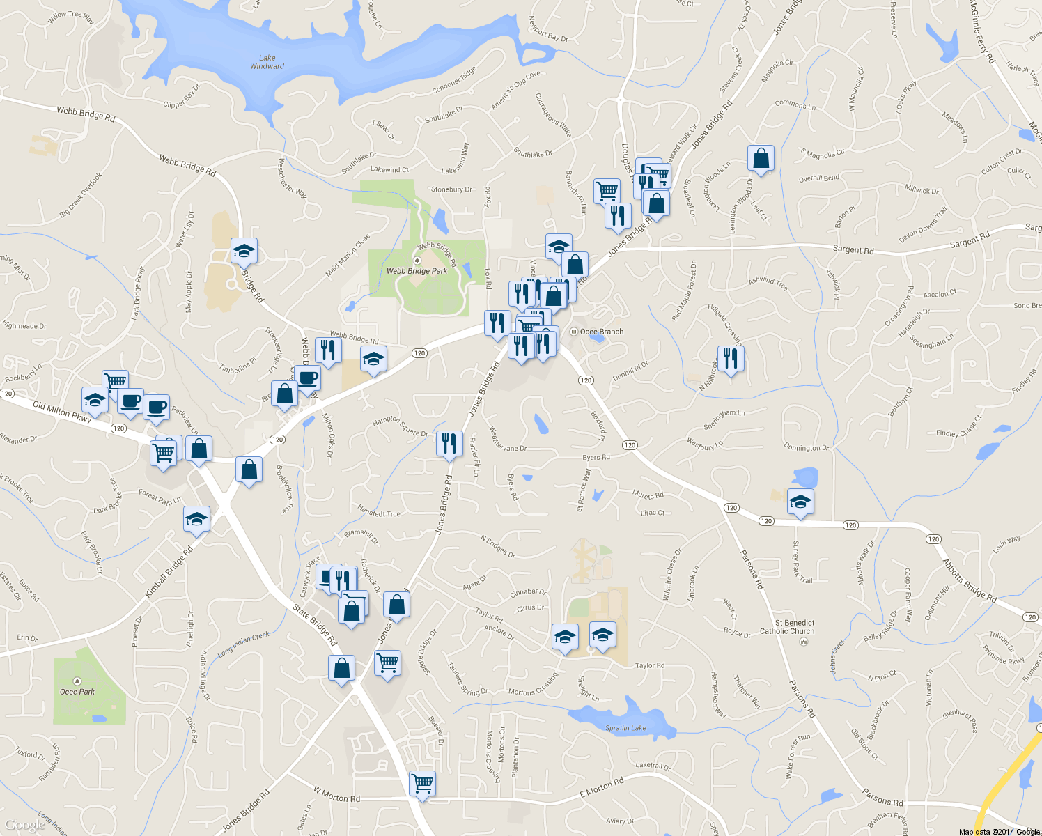 map of restaurants, bars, coffee shops, grocery stores, and more near 11405 Mabry Park Pl in Johns Creek