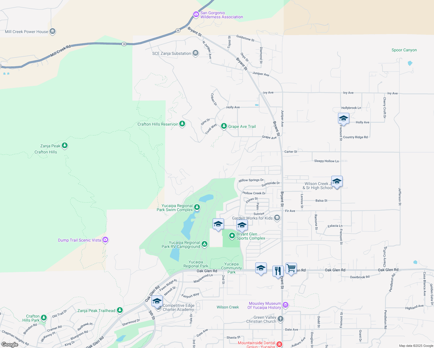 map of restaurants, bars, coffee shops, grocery stores, and more near 10684 Lakeview Road in Yucaipa