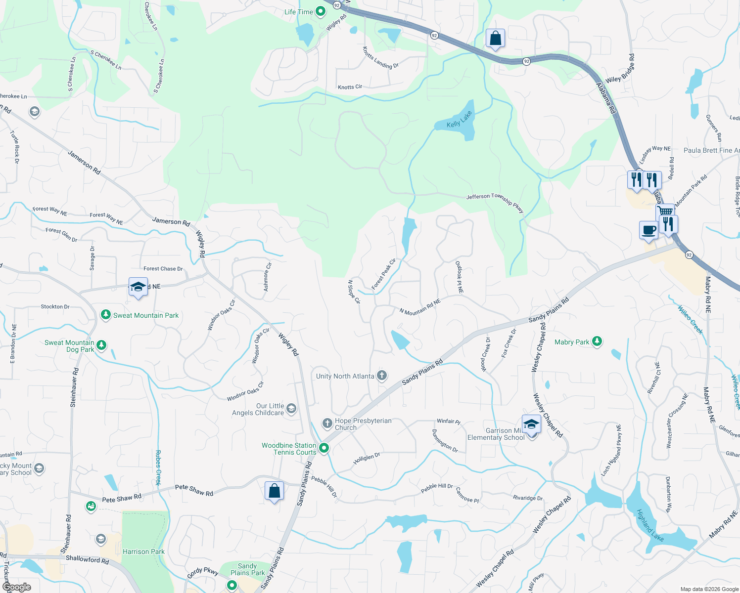 map of restaurants, bars, coffee shops, grocery stores, and more near 4507 Forest Peak Cir in Marietta