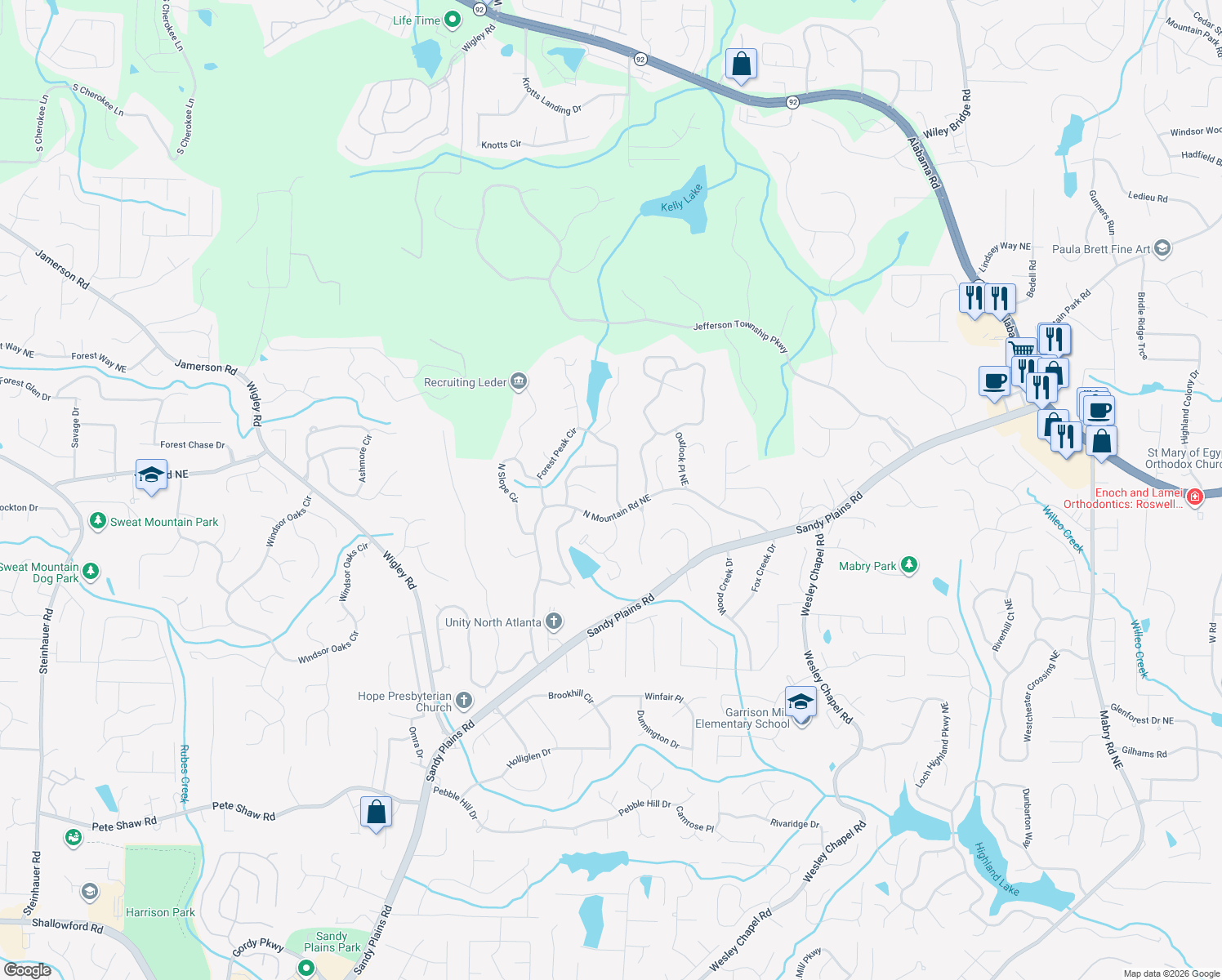 map of restaurants, bars, coffee shops, grocery stores, and more near 4552 Forest Peak Circle in Marietta