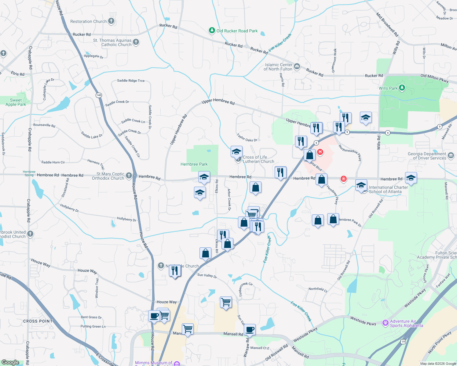 map of restaurants, bars, coffee shops, grocery stores, and more near 110 Arbor Creek Way in Roswell