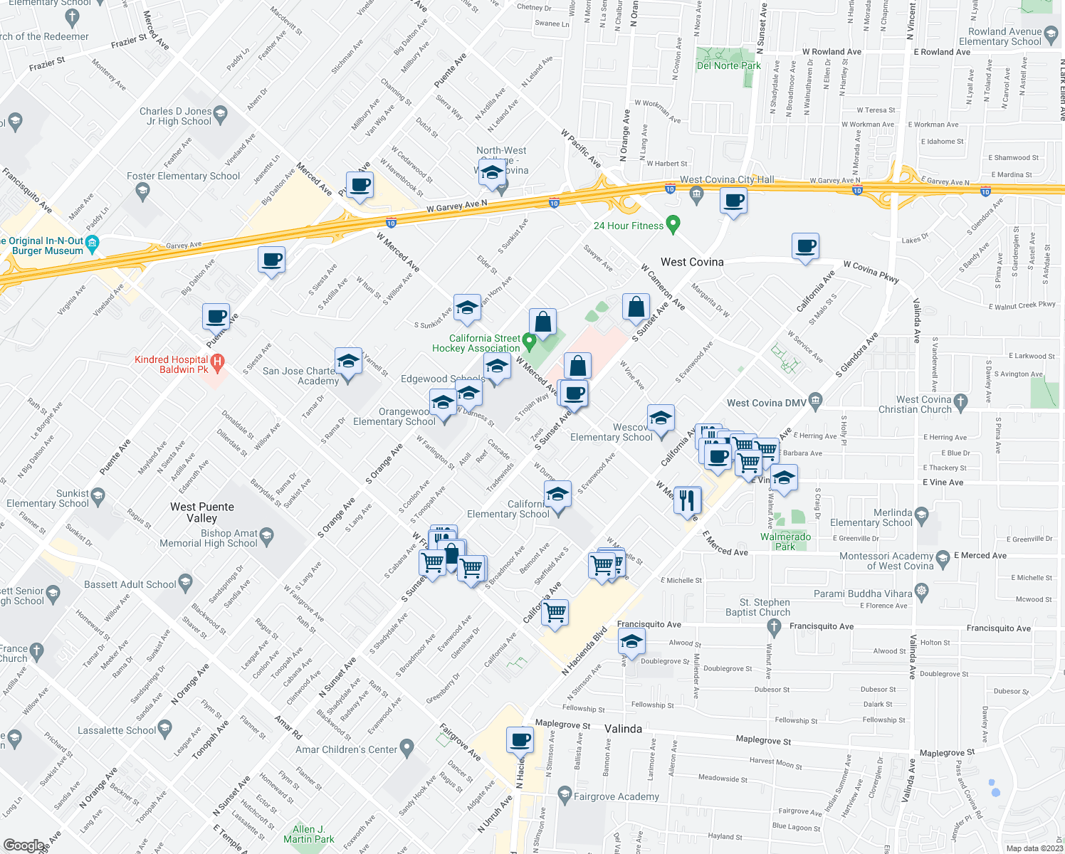 map of restaurants, bars, coffee shops, grocery stores, and more near 1335 Aphrodite in West Covina