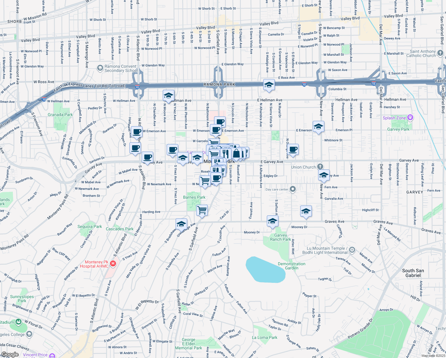 map of restaurants, bars, coffee shops, grocery stores, and more near 230 S Garfield Ave in Monterey Park