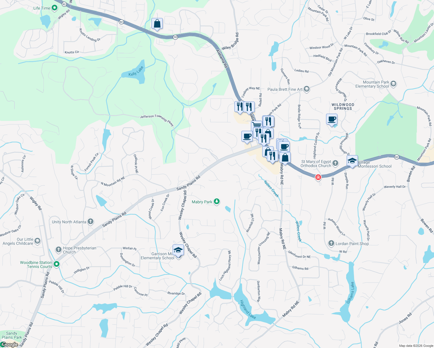 map of restaurants, bars, coffee shops, grocery stores, and more near 4107 Springwood Pl in Marietta