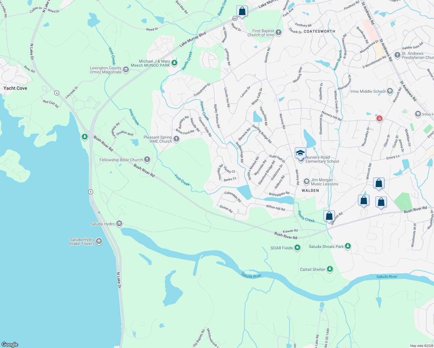 map of restaurants, bars, coffee shops, grocery stores, and more near 114 Thornhill Road in Columbia