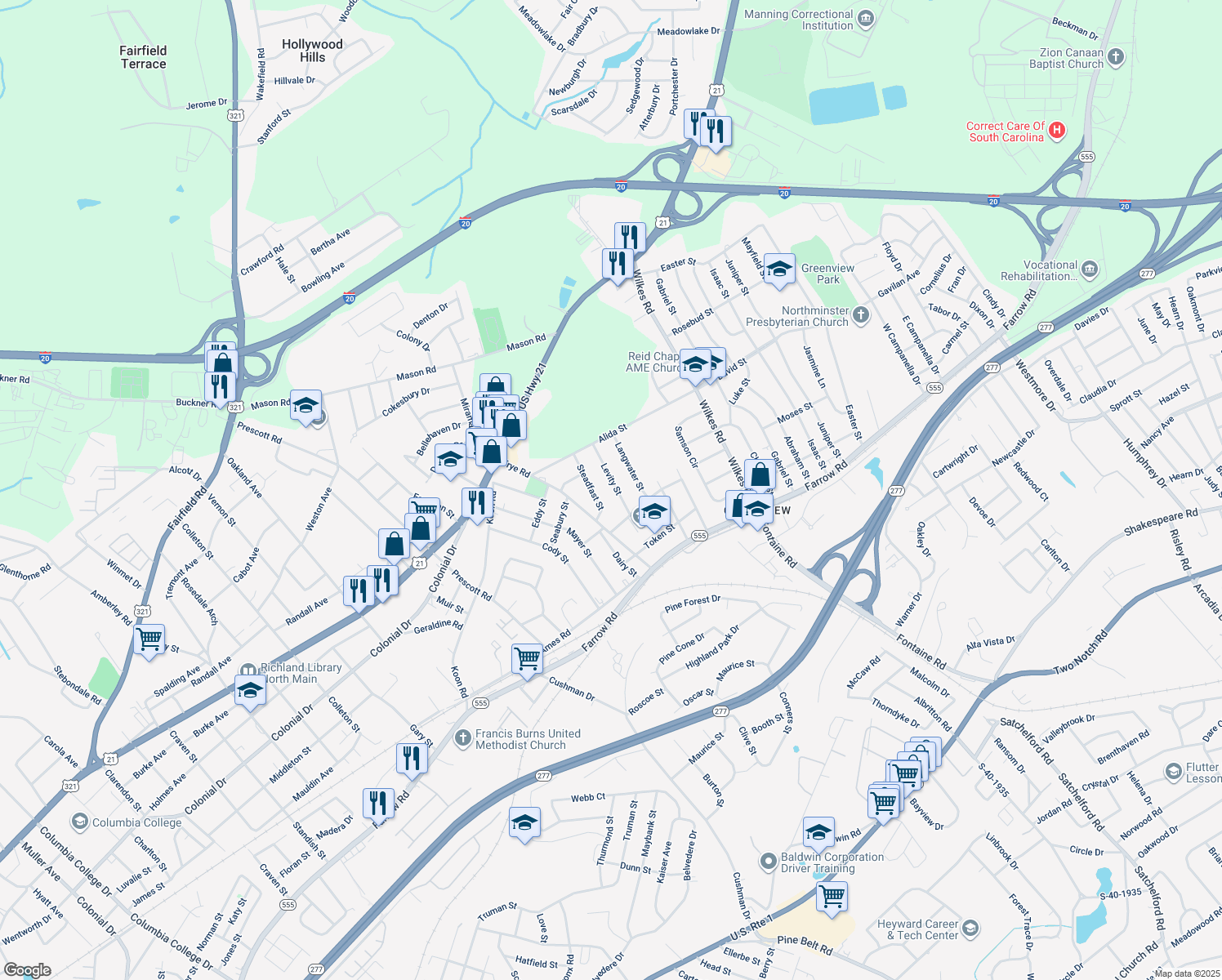 map of restaurants, bars, coffee shops, grocery stores, and more near 1627 Levity St in Columbia