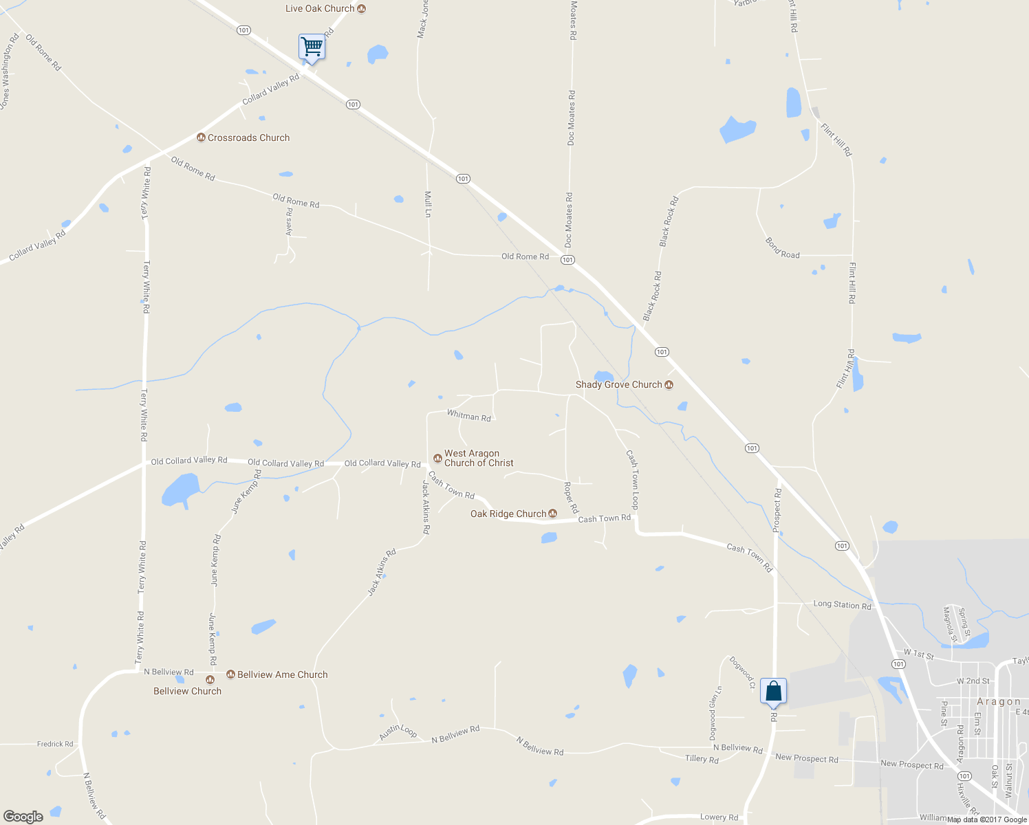 map of restaurants, bars, coffee shops, grocery stores, and more near 401 Cash Town Road in Aragon