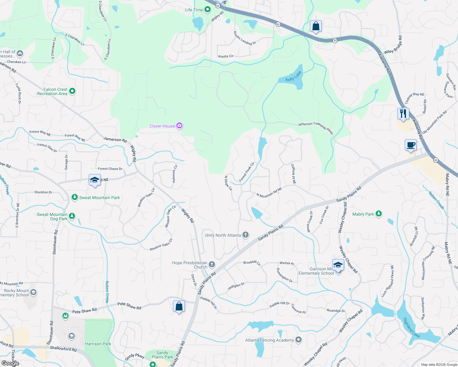 map of restaurants, bars, coffee shops, grocery stores, and more near 4510 North Slope Circle in Marietta