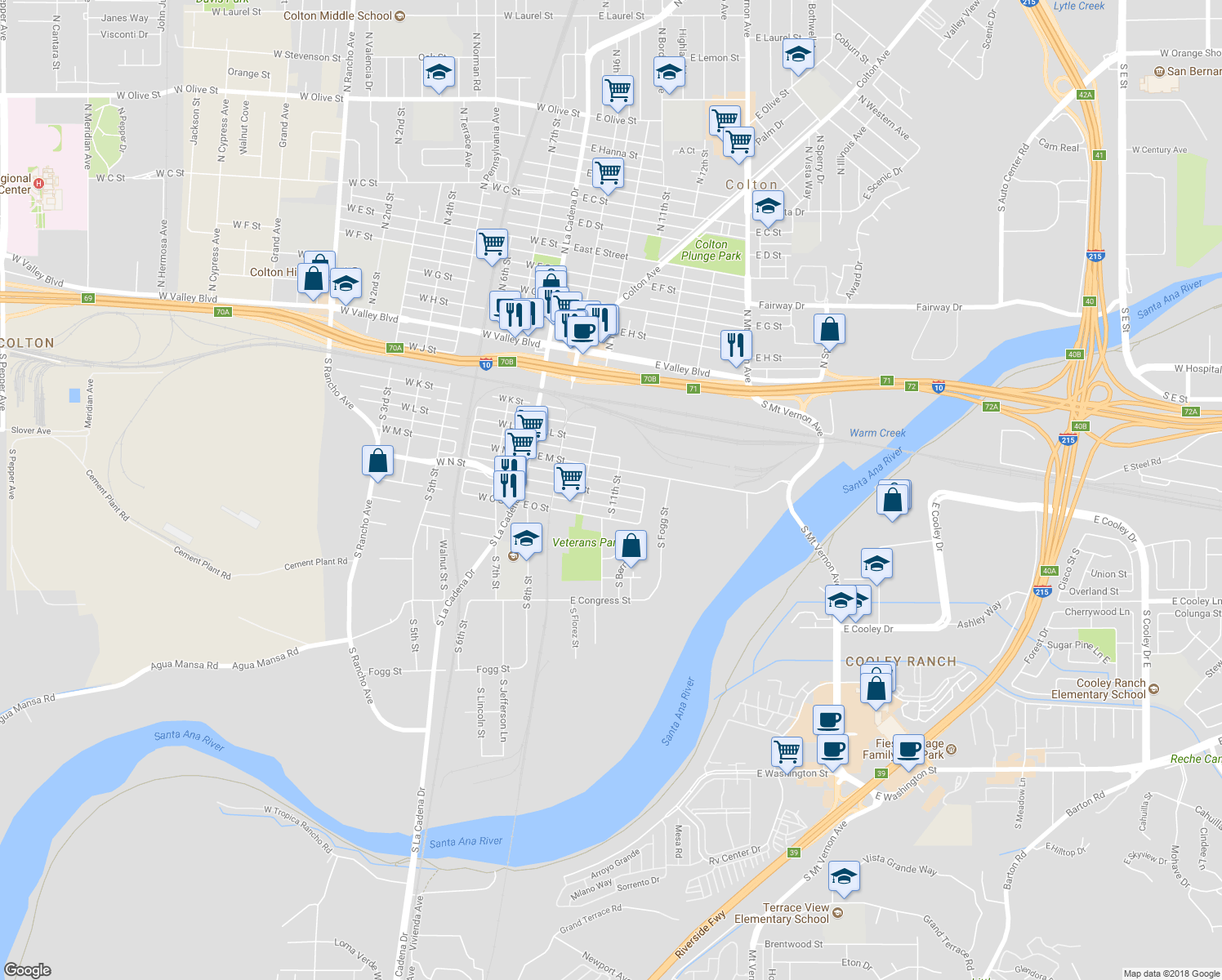 map of restaurants, bars, coffee shops, grocery stores, and more near 383 East N Street in Colton