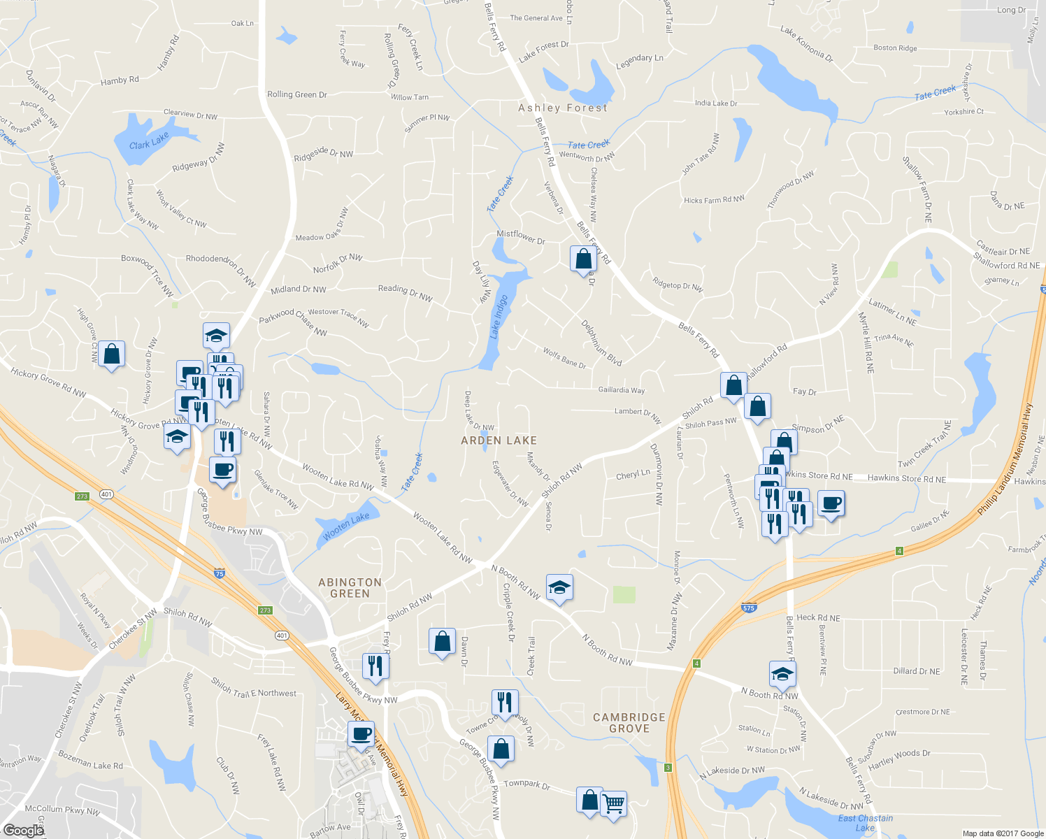 map of restaurants, bars, coffee shops, grocery stores, and more near 4373 Mikandy Drive in Kennesaw