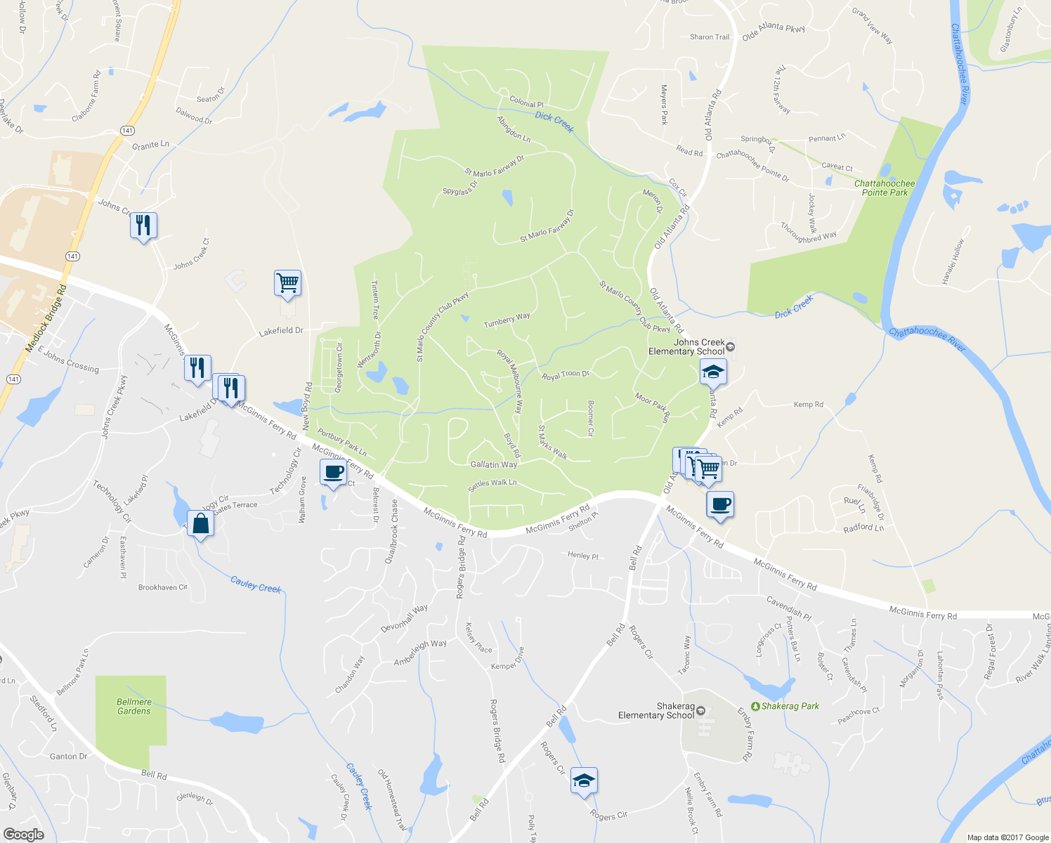 map of restaurants, bars, coffee shops, grocery stores, and more near 7880 Royal Melbourne Way in Duluth