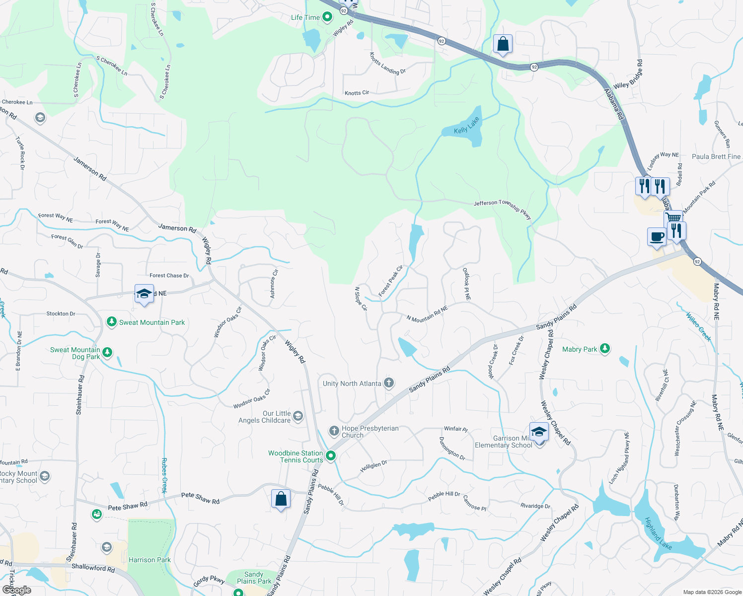 map of restaurants, bars, coffee shops, grocery stores, and more near 4507 Forest Peak Circle in Marietta