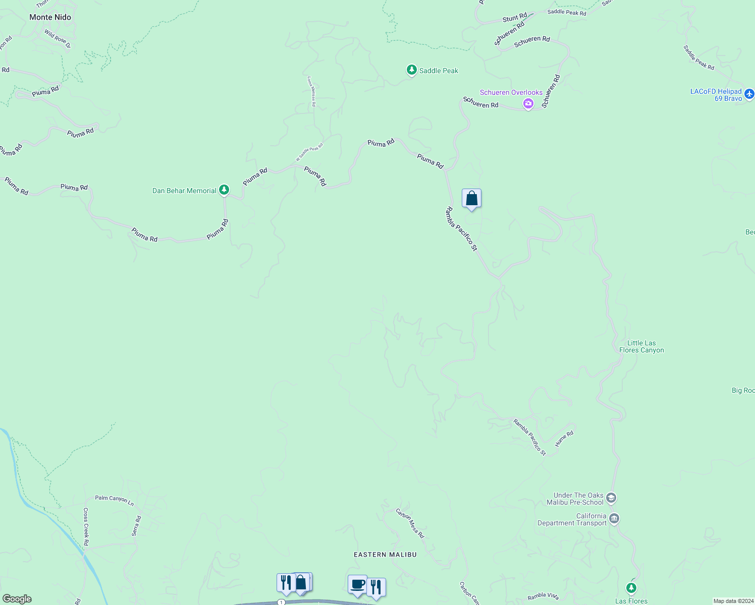 map of restaurants, bars, coffee shops, grocery stores, and more near Carbon Canyon Road in Malibu
