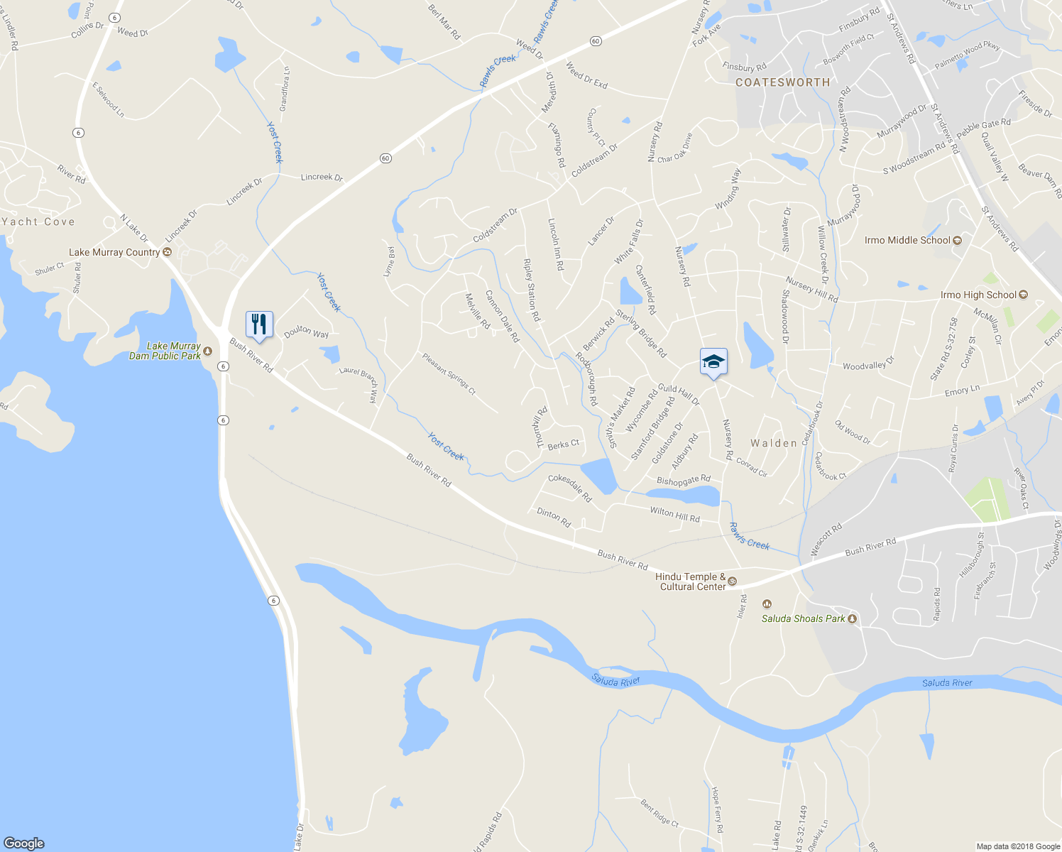 map of restaurants, bars, coffee shops, grocery stores, and more near 112 Thornhill Road in Columbia