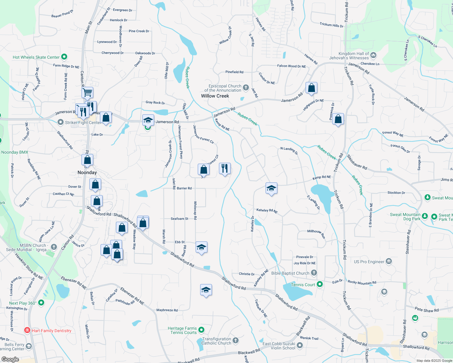 map of restaurants, bars, coffee shops, grocery stores, and more near 1605 Barrier Road in Marietta