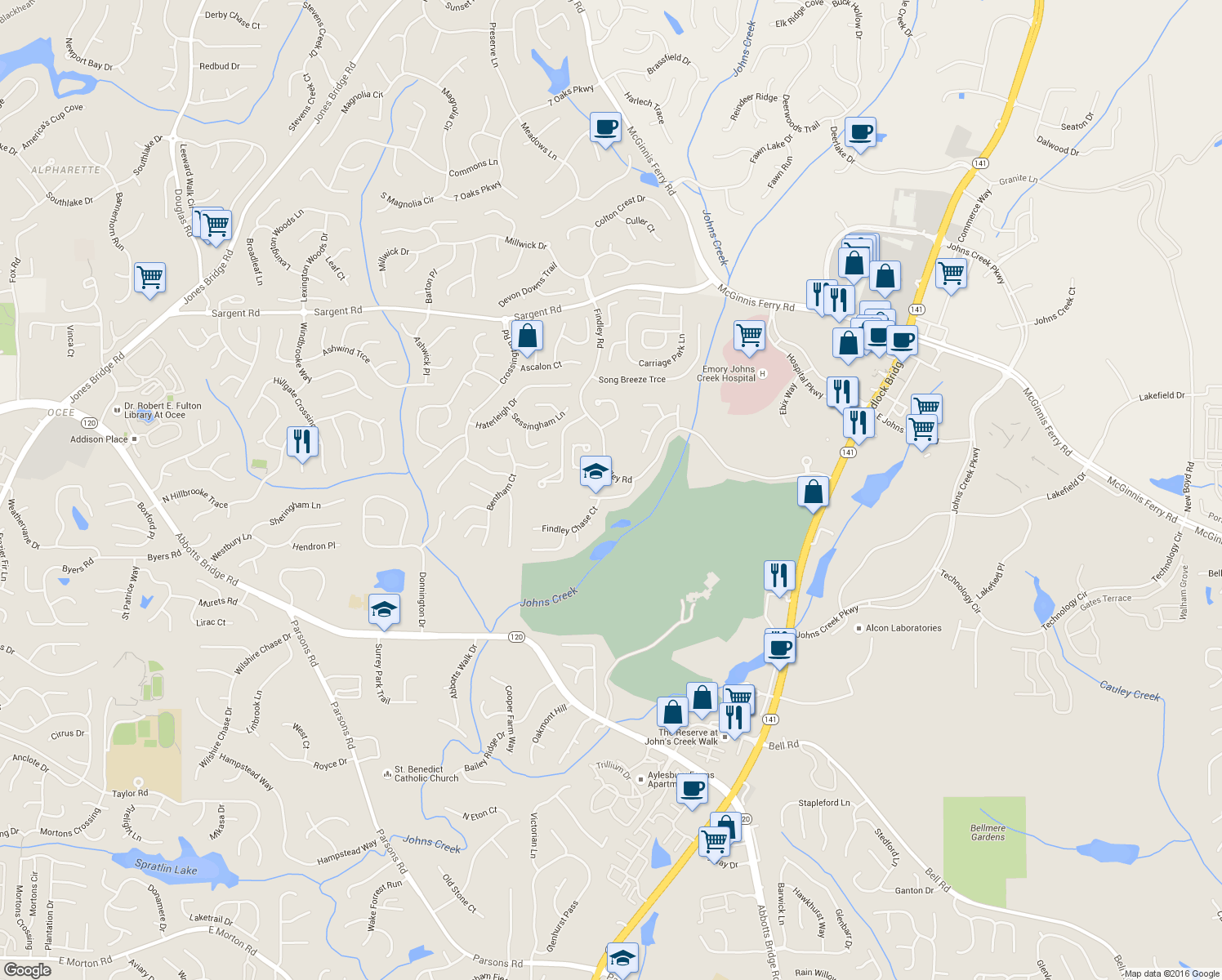 map of restaurants, bars, coffee shops, grocery stores, and more near 5965 Findley Chase Drive in Duluth