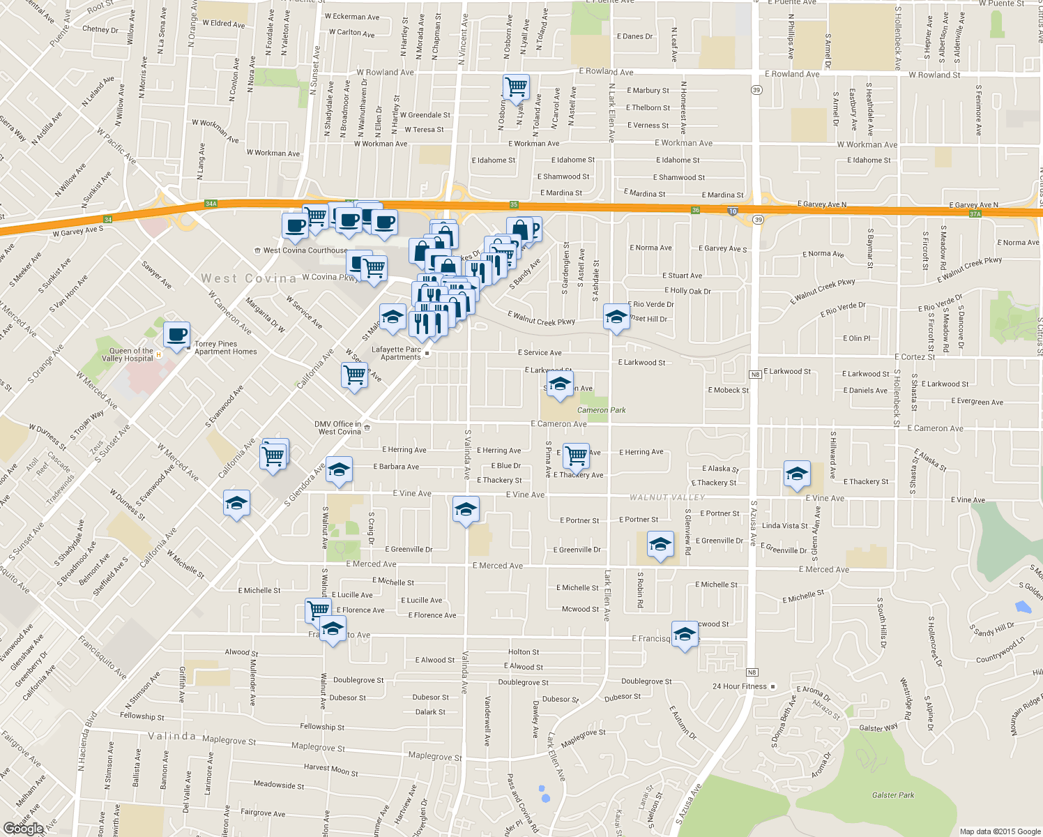 map of restaurants, bars, coffee shops, grocery stores, and more near 1123 East Cameron Avenue in West Covina