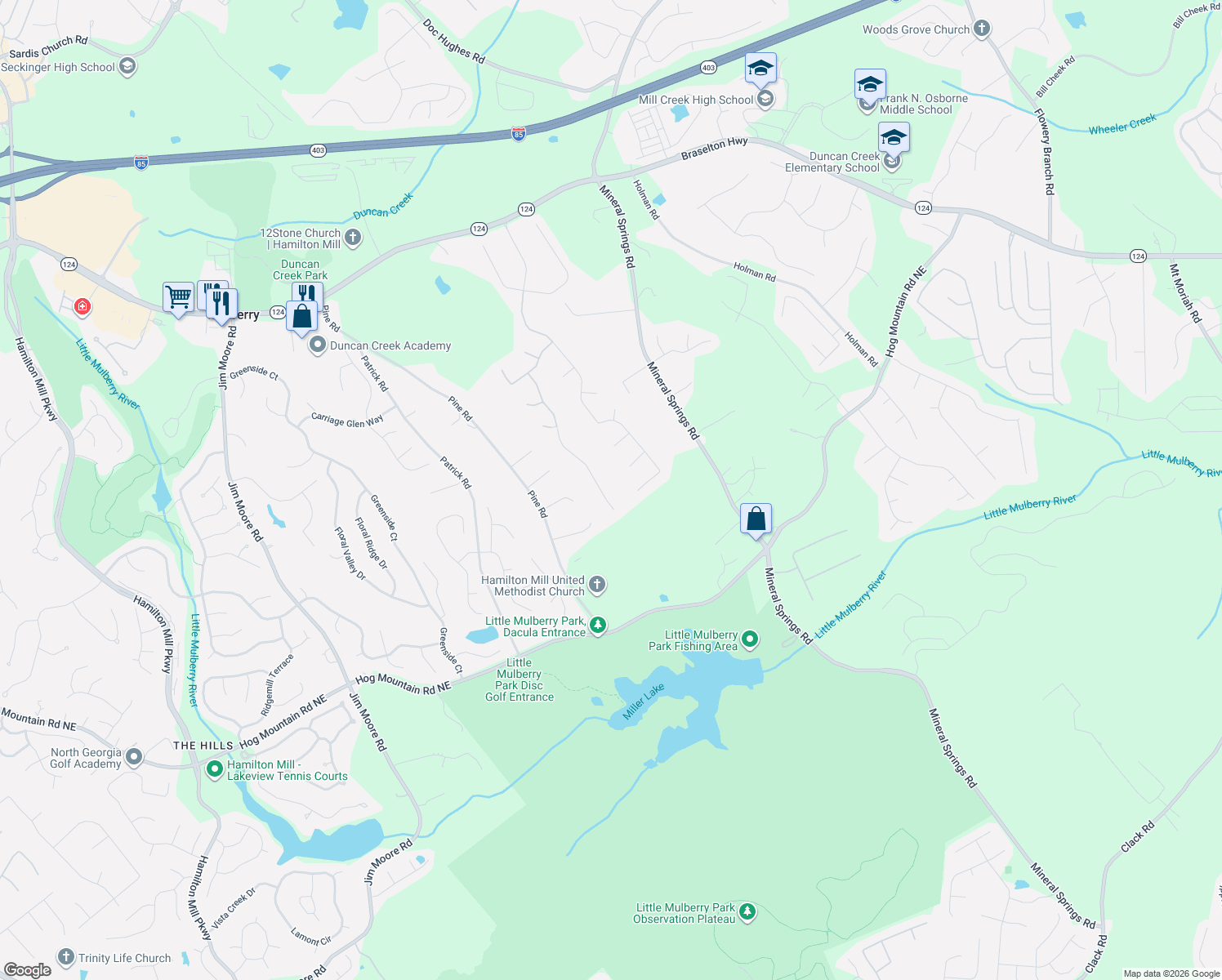 map of restaurants, bars, coffee shops, grocery stores, and more near 1749 Gray Gables Way Northeast in Buford
