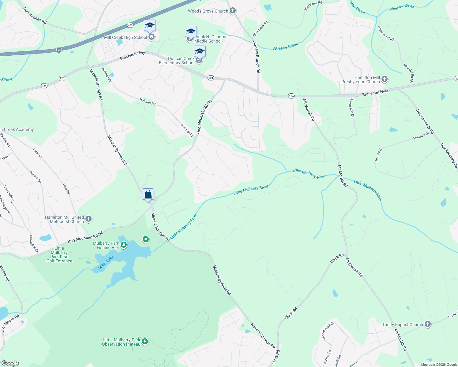 map of restaurants, bars, coffee shops, grocery stores, and more near 4170 Bonnett Creek Lane in Hoschton