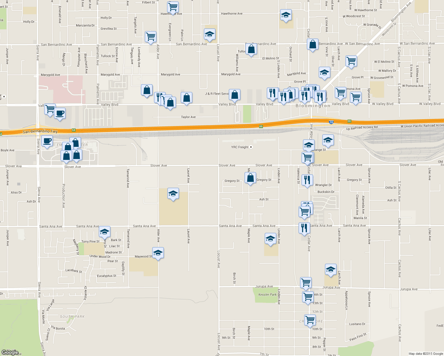 map of restaurants, bars, coffee shops, grocery stores, and more near 10575 Locust Avenue in Bloomington