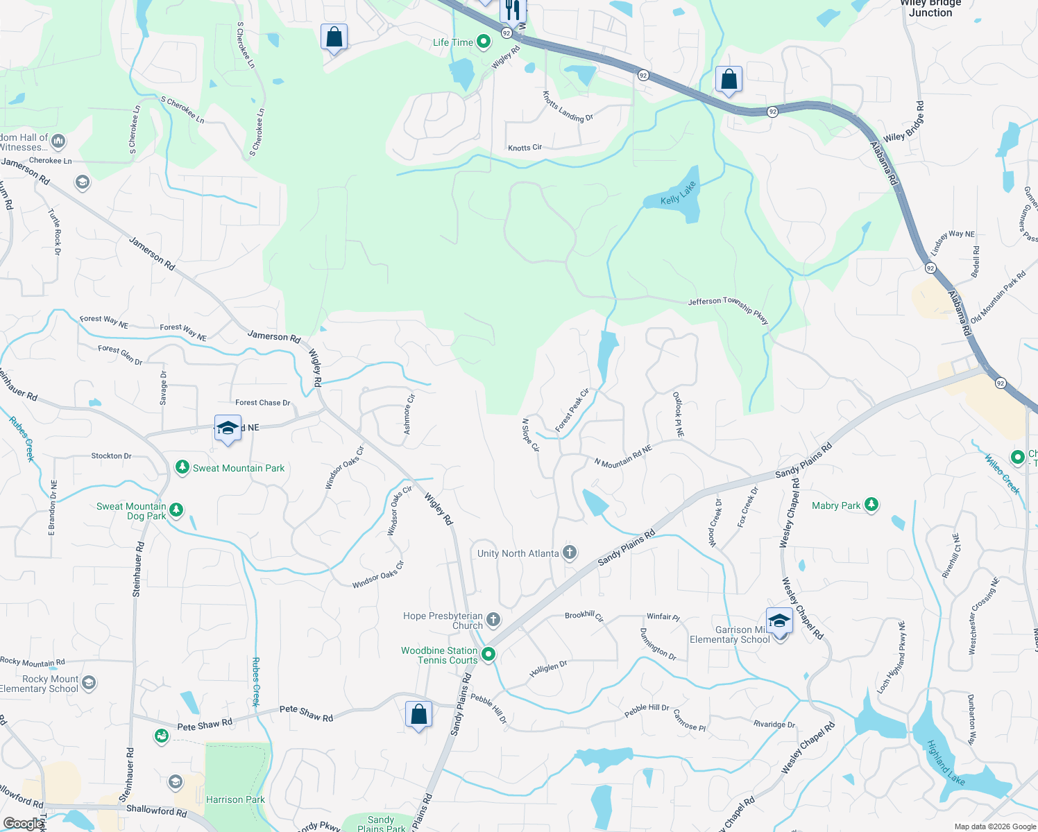 map of restaurants, bars, coffee shops, grocery stores, and more near 4517 North Slope Circle in Marietta