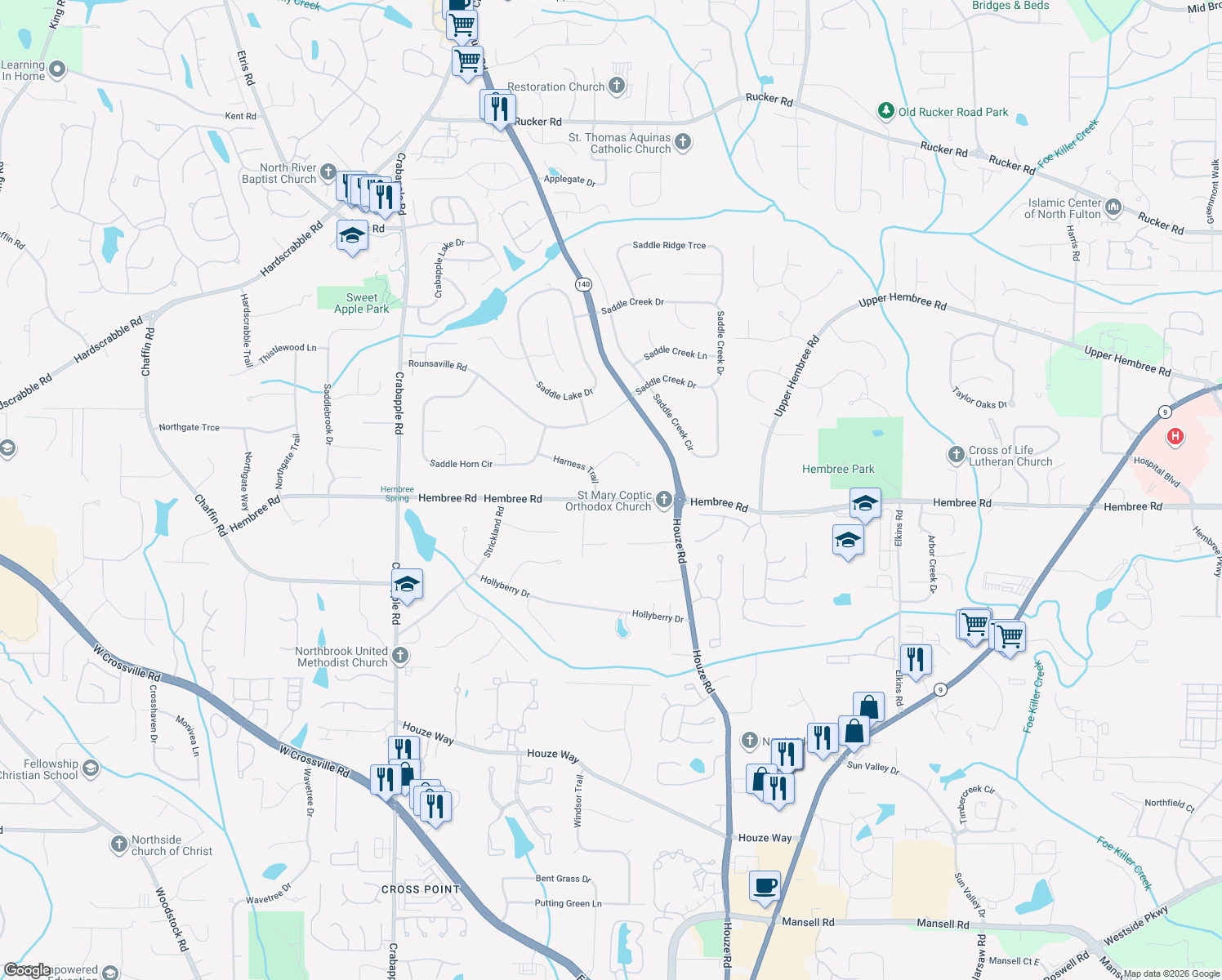 map of restaurants, bars, coffee shops, grocery stores, and more near 620 Hembree Rd in Roswell
