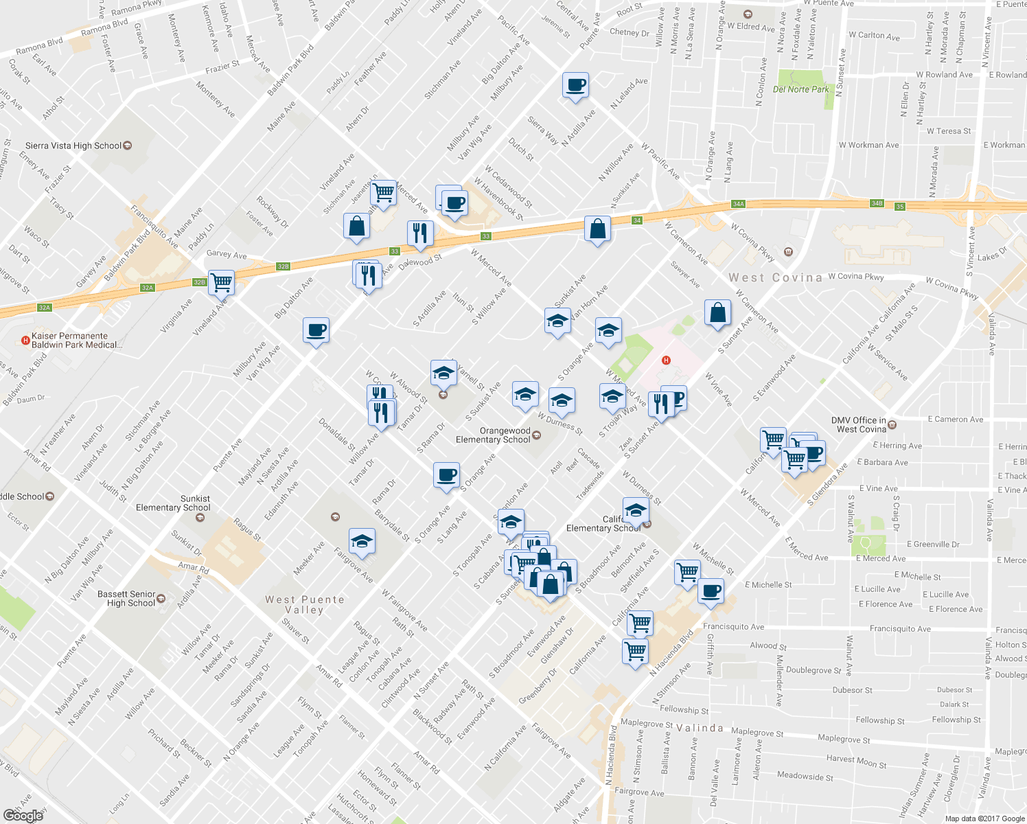 map of restaurants, bars, coffee shops, grocery stores, and more near 1816 West Yarnell Street in West Covina