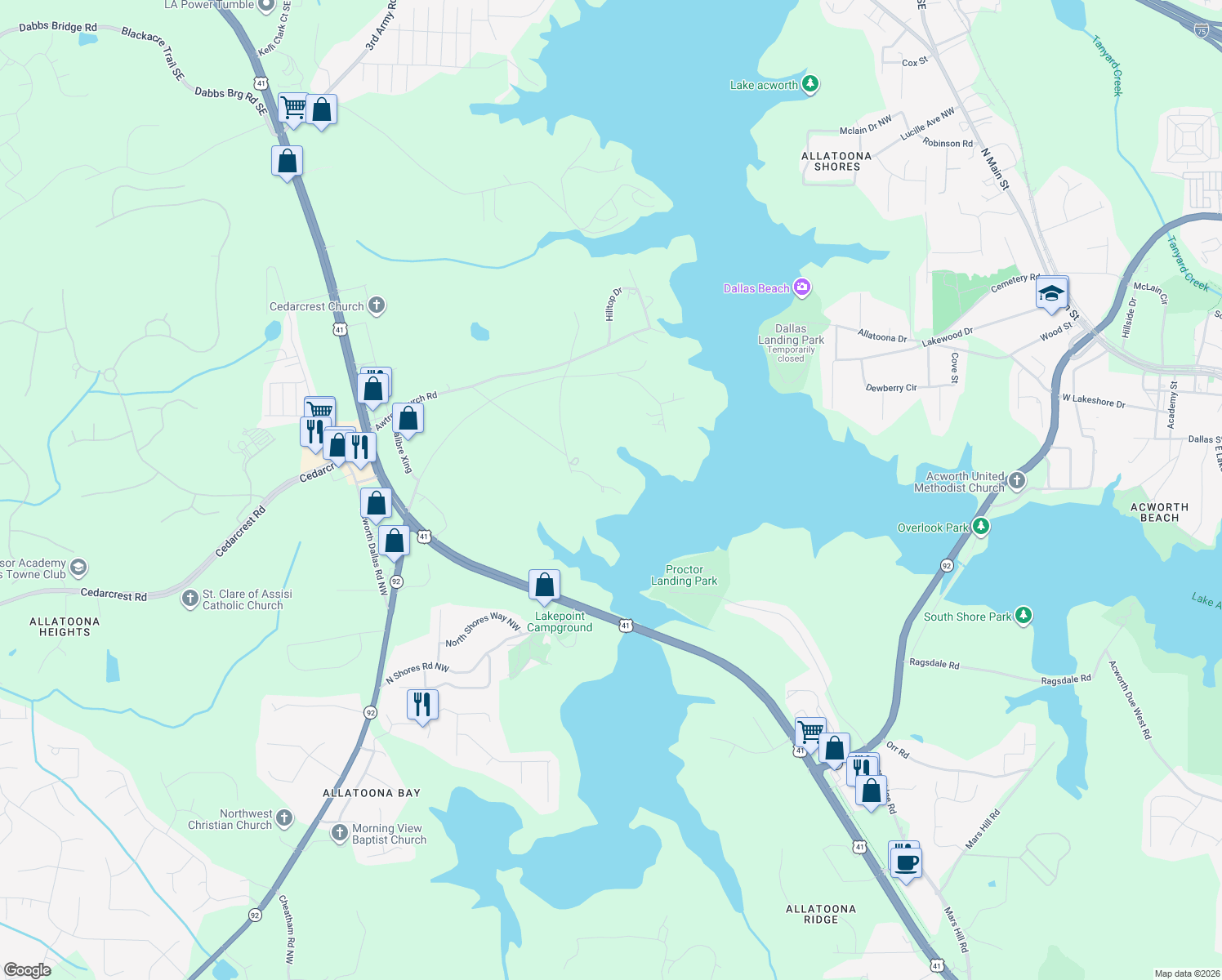 map of restaurants, bars, coffee shops, grocery stores, and more near 5515 Old Grogan Road in Acworth
