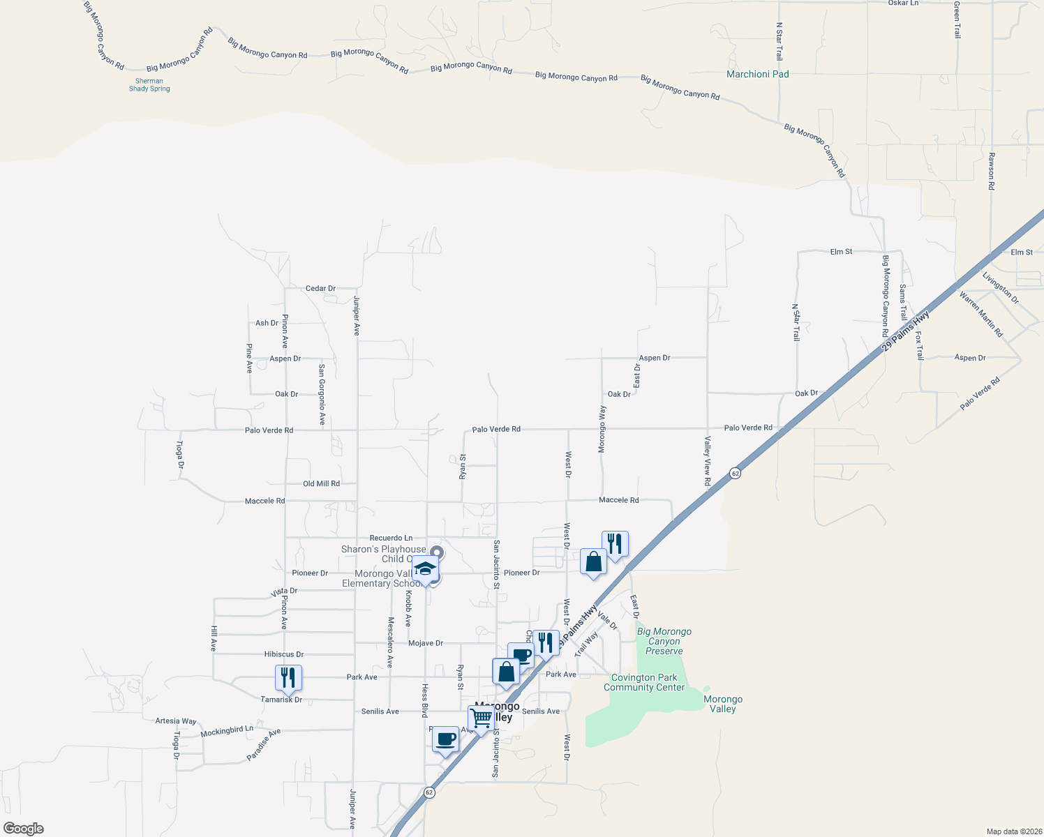 map of restaurants, bars, coffee shops, grocery stores, and more near 49774 Palo Verde Road in Morongo Valley