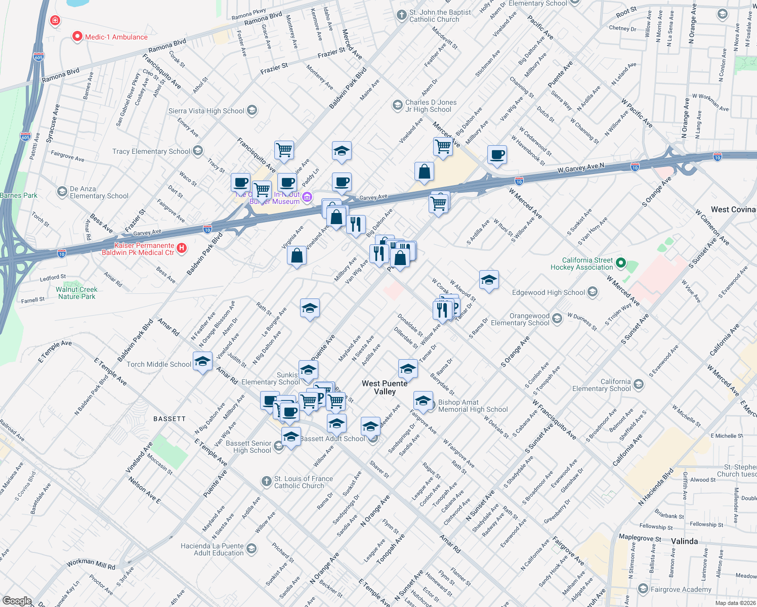 map of restaurants, bars, coffee shops, grocery stores, and more near 14133 Dillerdale Street in La Puente