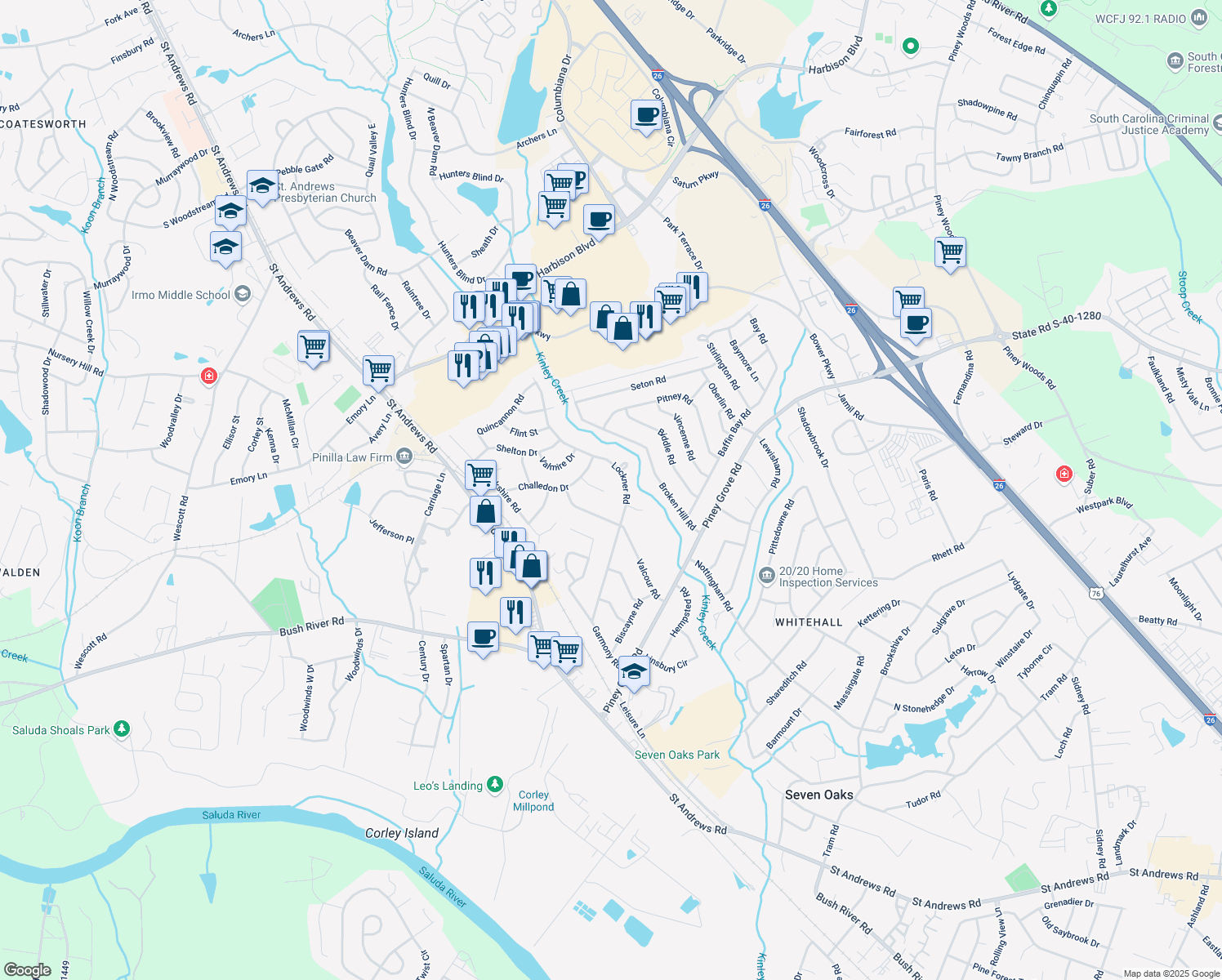 map of restaurants, bars, coffee shops, grocery stores, and more near 300 Challedon Court in Columbia