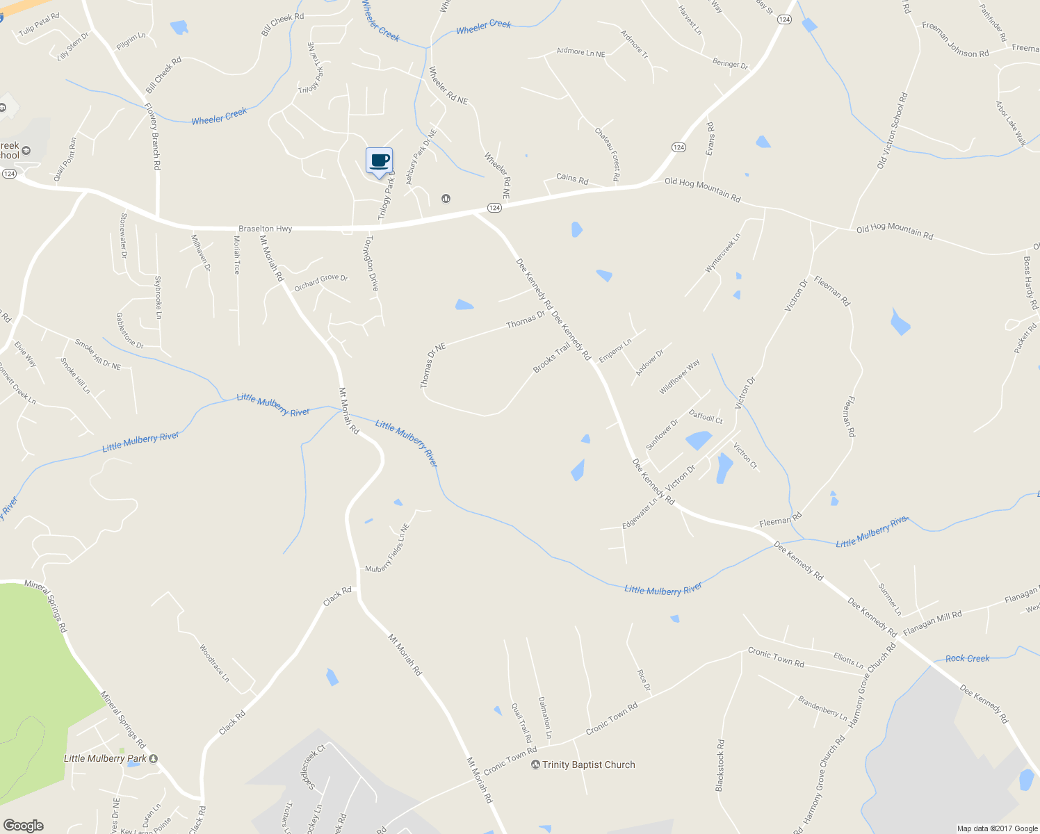 map of restaurants, bars, coffee shops, grocery stores, and more near 1672 Thomas Drive in Hoschton