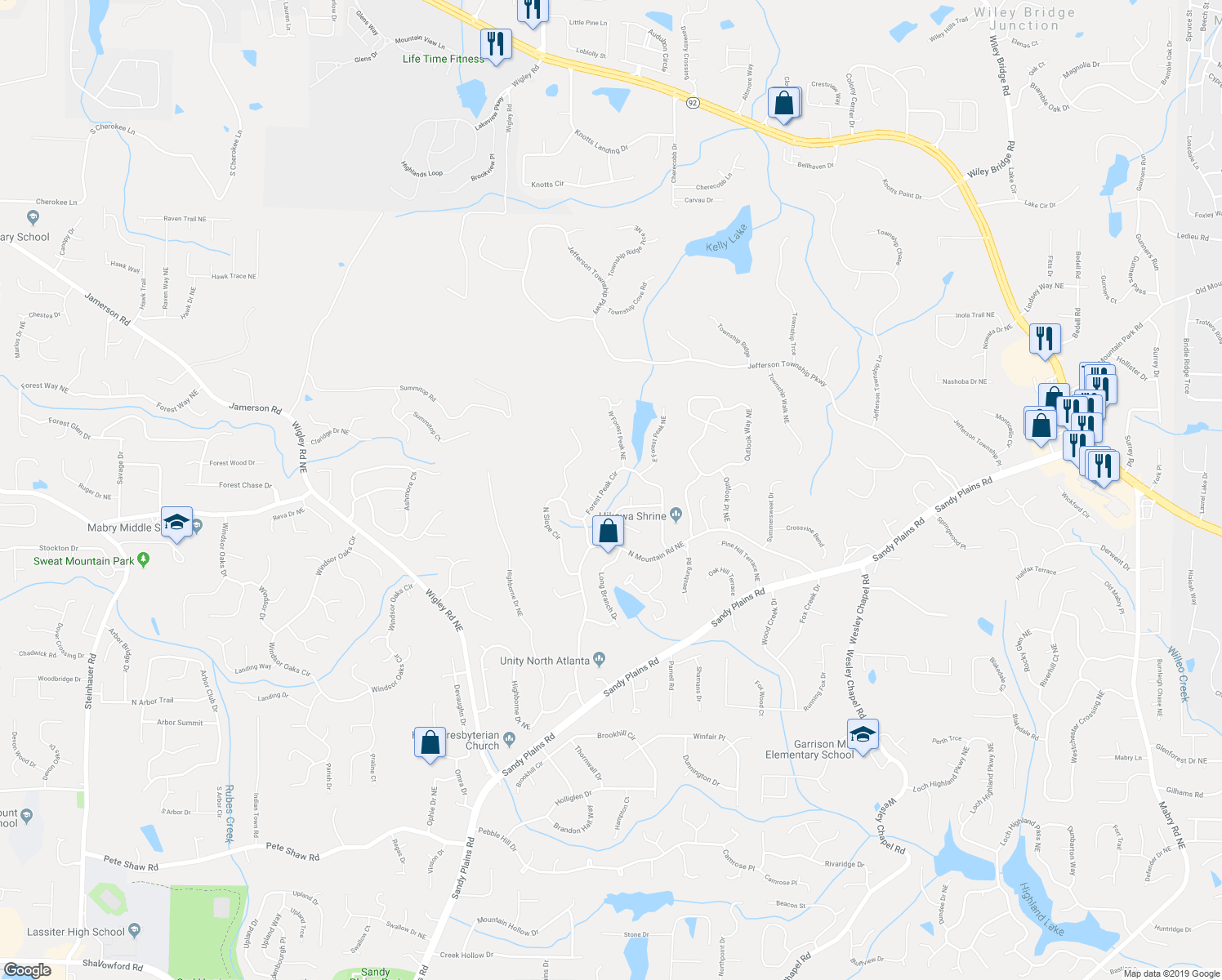 map of restaurants, bars, coffee shops, grocery stores, and more near 4526 Forest Peak Circle in Marietta