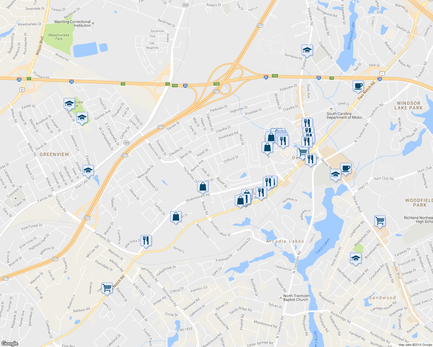 map of restaurants, bars, coffee shops, grocery stores, and more near 3602 Baxter Dr in Columbia
