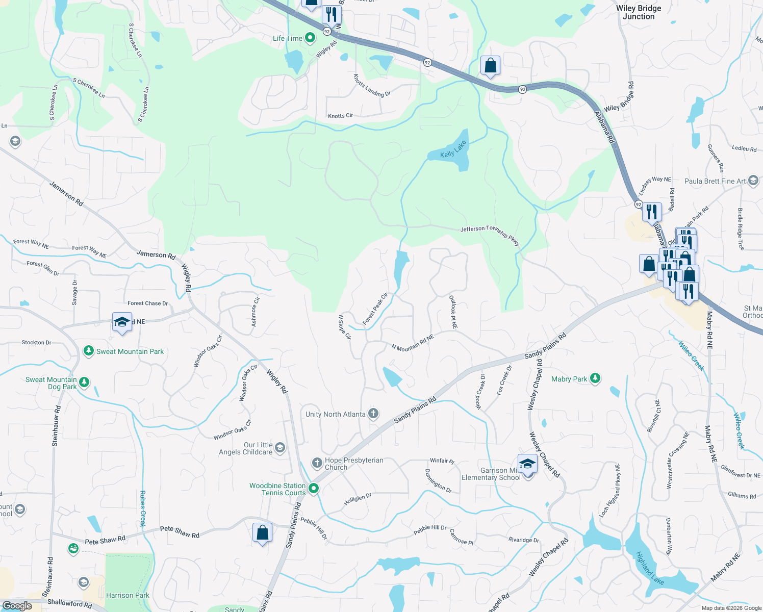 map of restaurants, bars, coffee shops, grocery stores, and more near 4526 Forest Peak Circle in Marietta