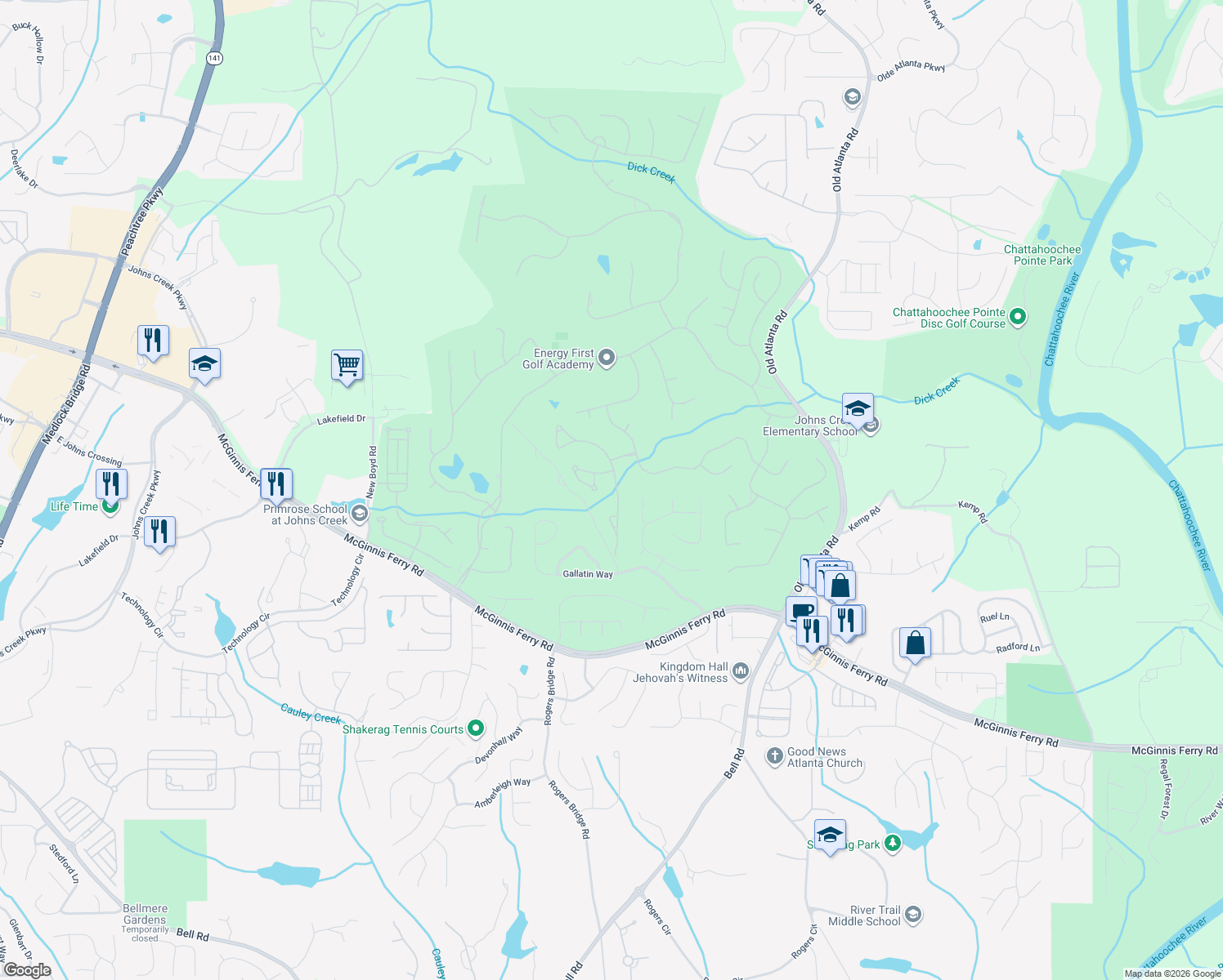 map of restaurants, bars, coffee shops, grocery stores, and more near 7965 Royal Melbourne Way in Duluth