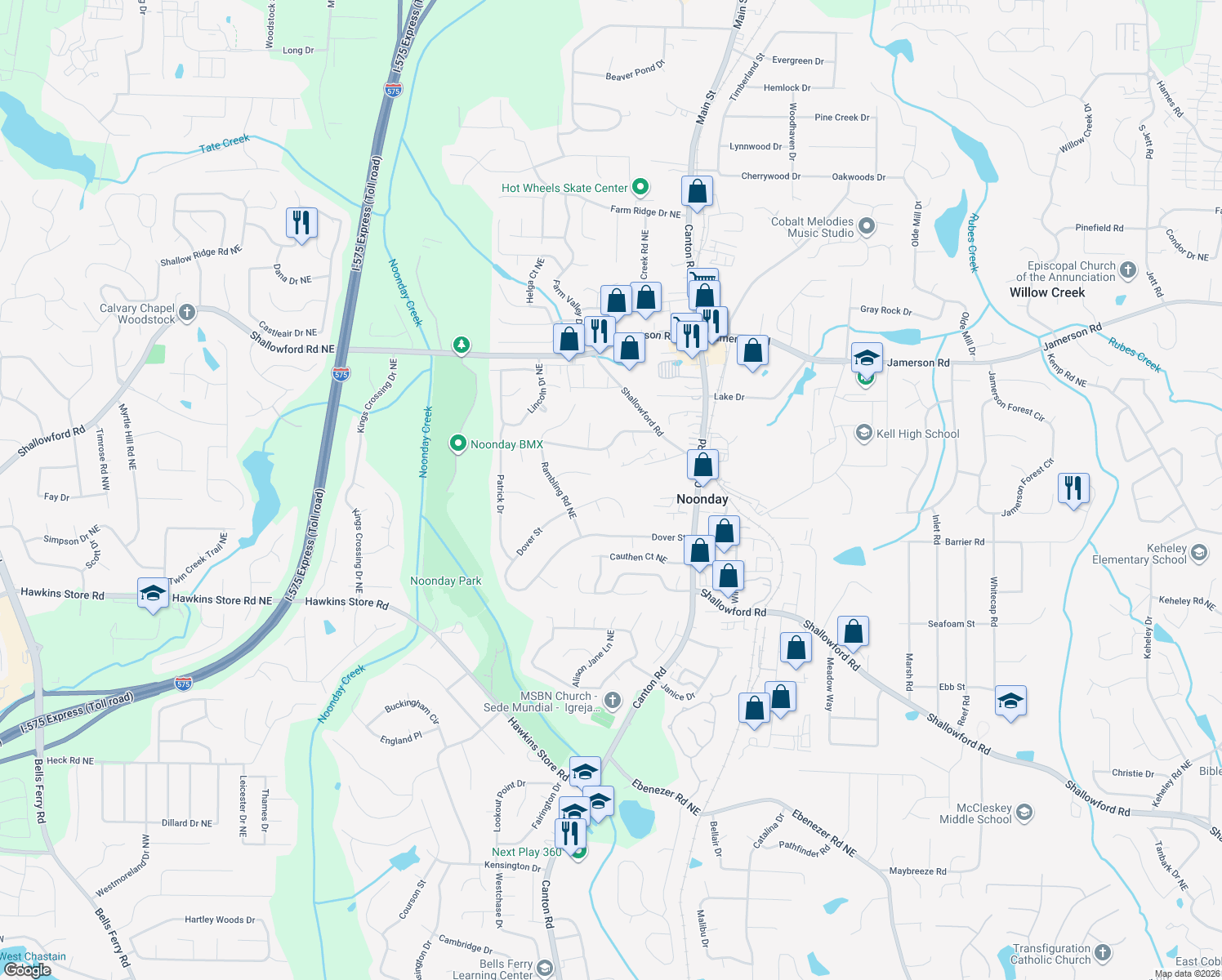 map of restaurants, bars, coffee shops, grocery stores, and more near 548 Dover Street in Marietta