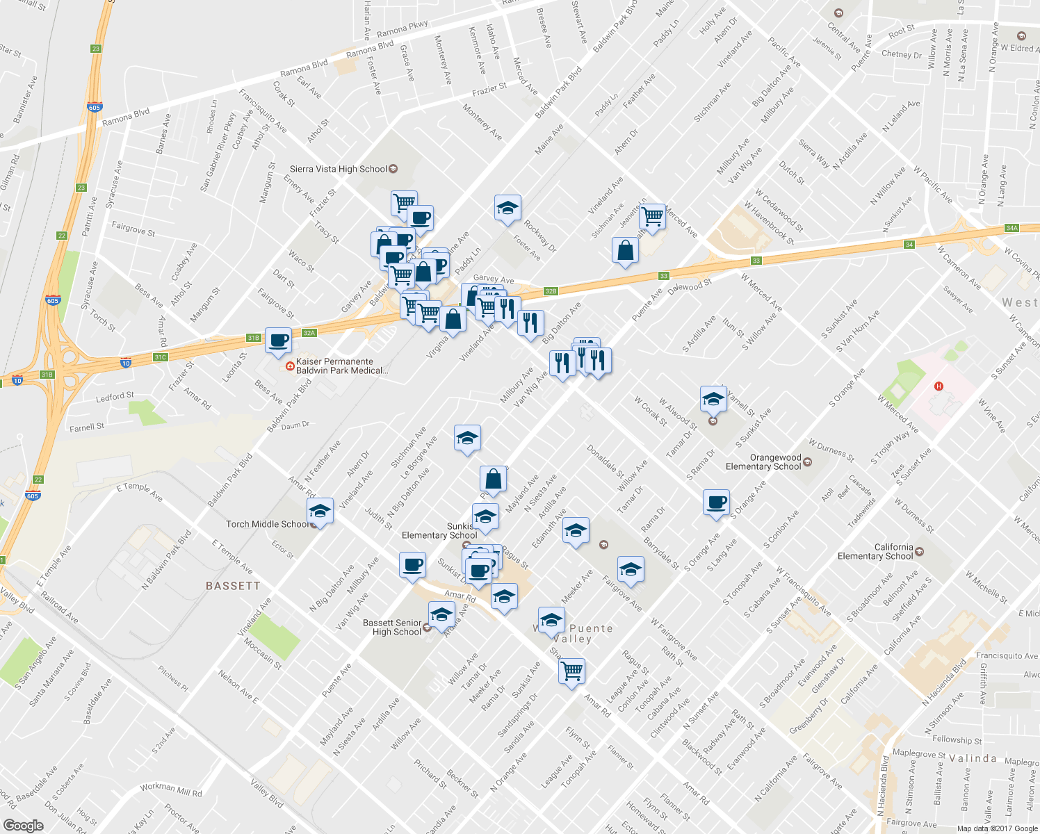 map of restaurants, bars, coffee shops, grocery stores, and more near 14015 Barrydale Street in La Puente